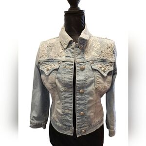 Miss Me Cropped Stone Wash Denim Med Jacket Rhinestones and Lace